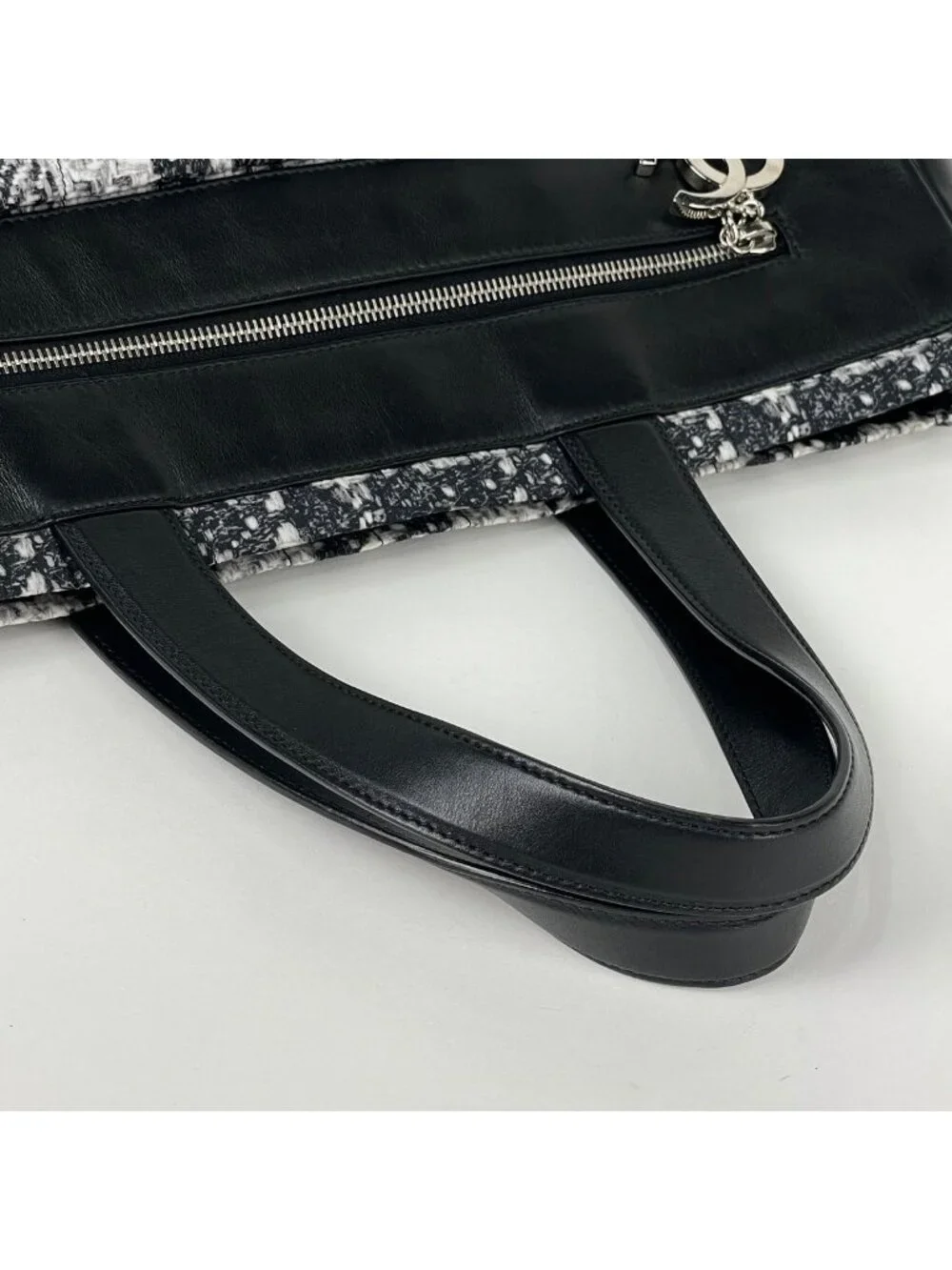 Chanel Tote CC Logo Tweed Print Nylon Black
